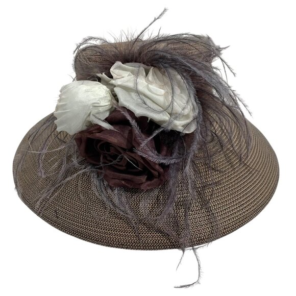 Preston York Beige Straw Kentucky Derby Dress Hat w/ Feathers + Ribbon Flowers - Picture 1 of 7